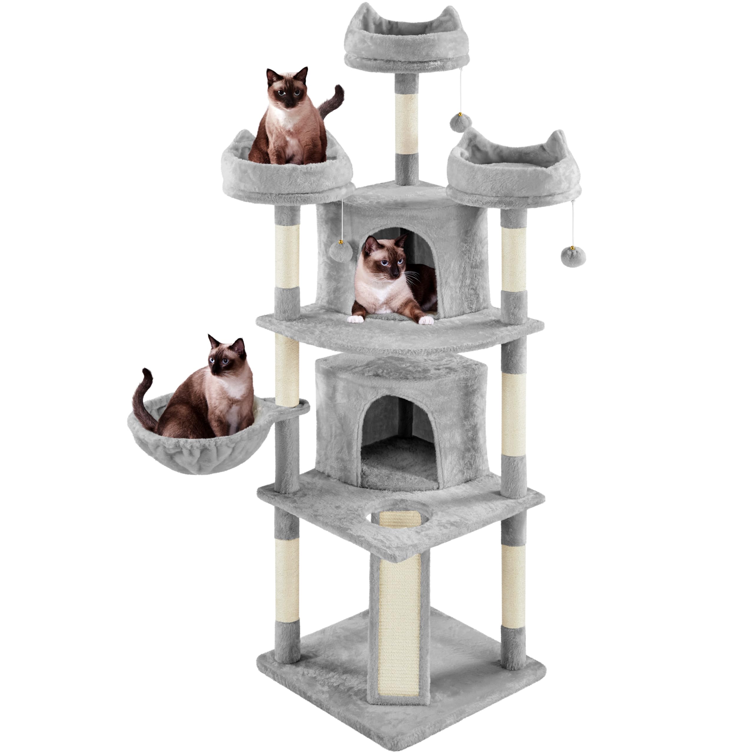 Yaheetech albero per gatti alto 174 cm con 7 pali tiragraffi, cesto e pompon: -23% di sconto su Amazon oggi