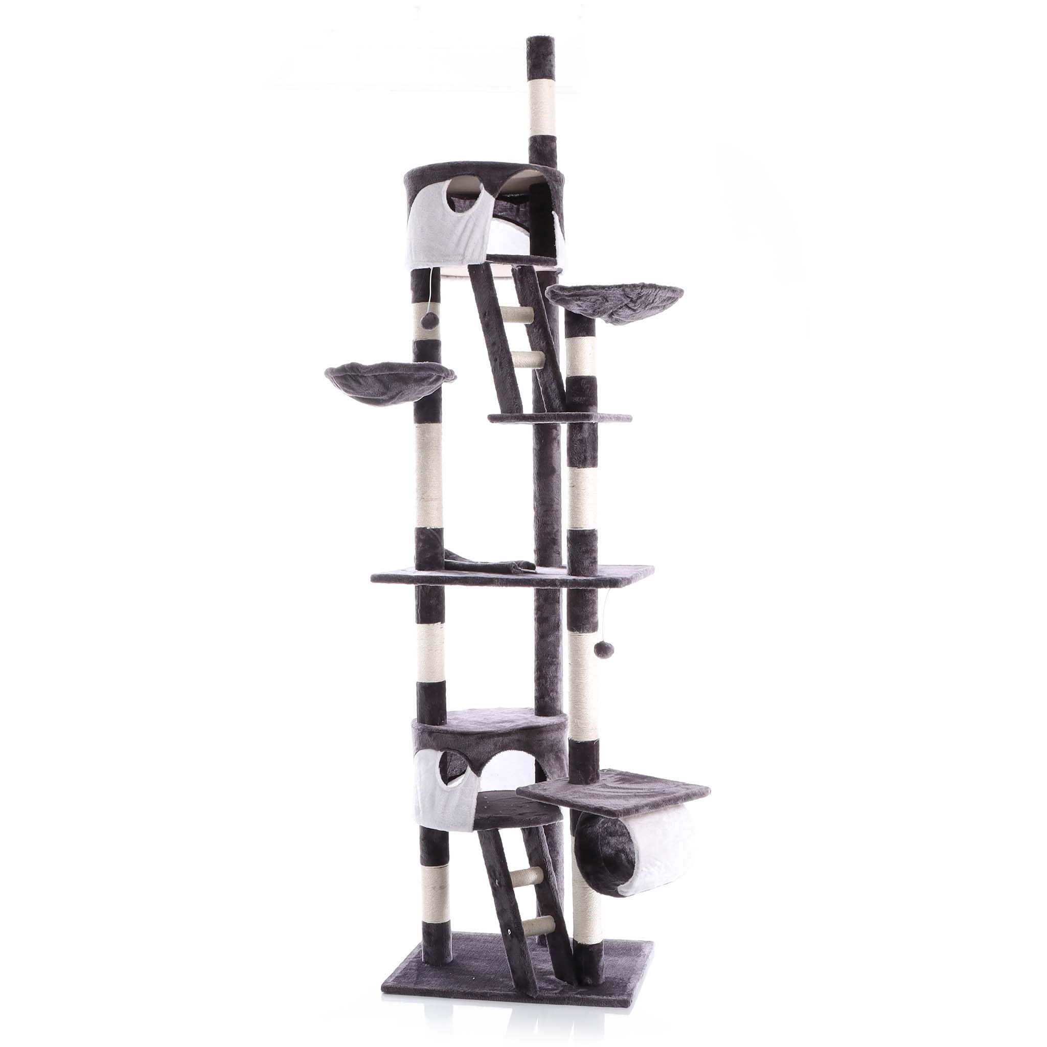 Albero tiragraffi regolabile 240-260 cm per gatti: comfort a soffitto con sisal, nicchie e amache