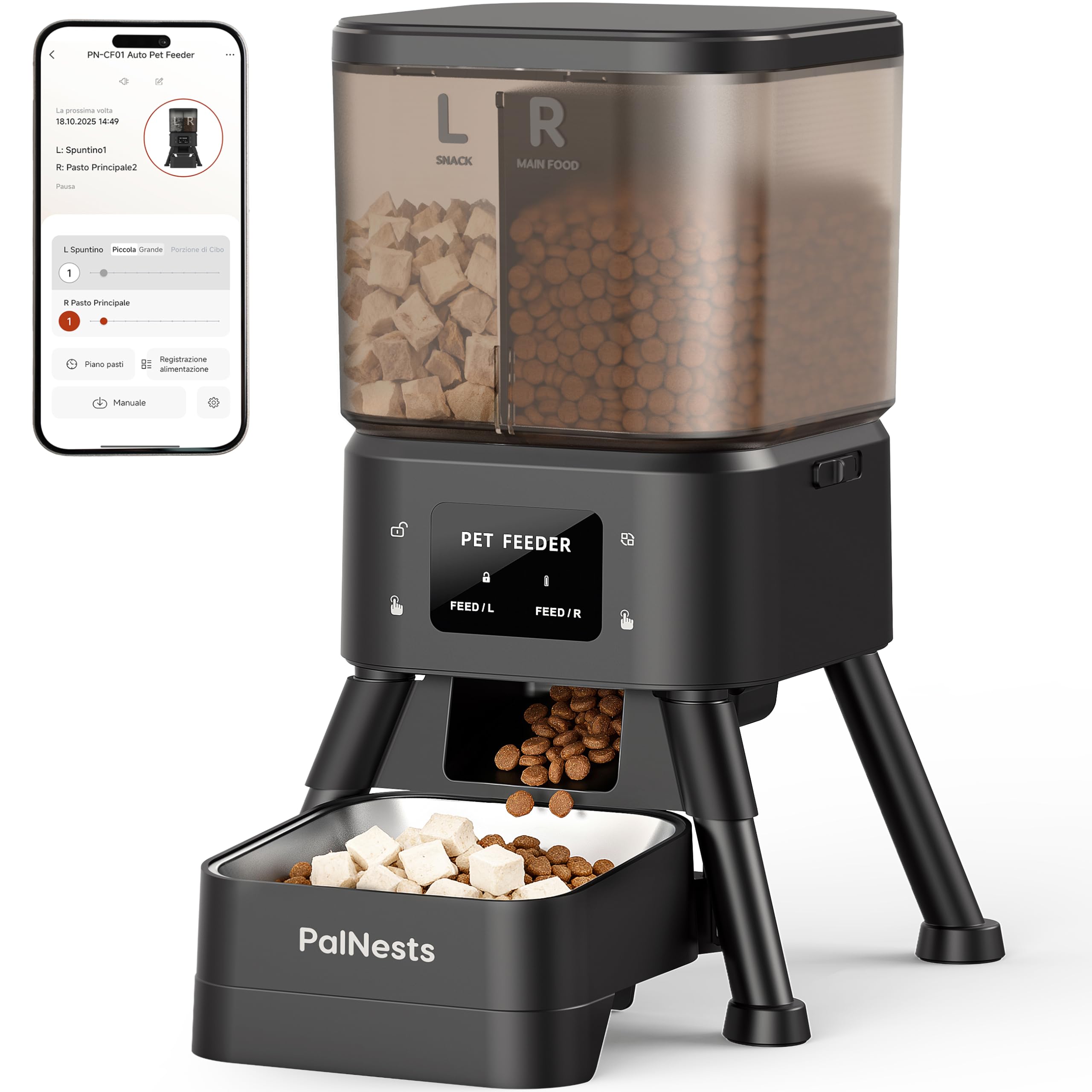 PalNests 4L distributore automatico cibo gatti: doppia tramoggia e controllo smart