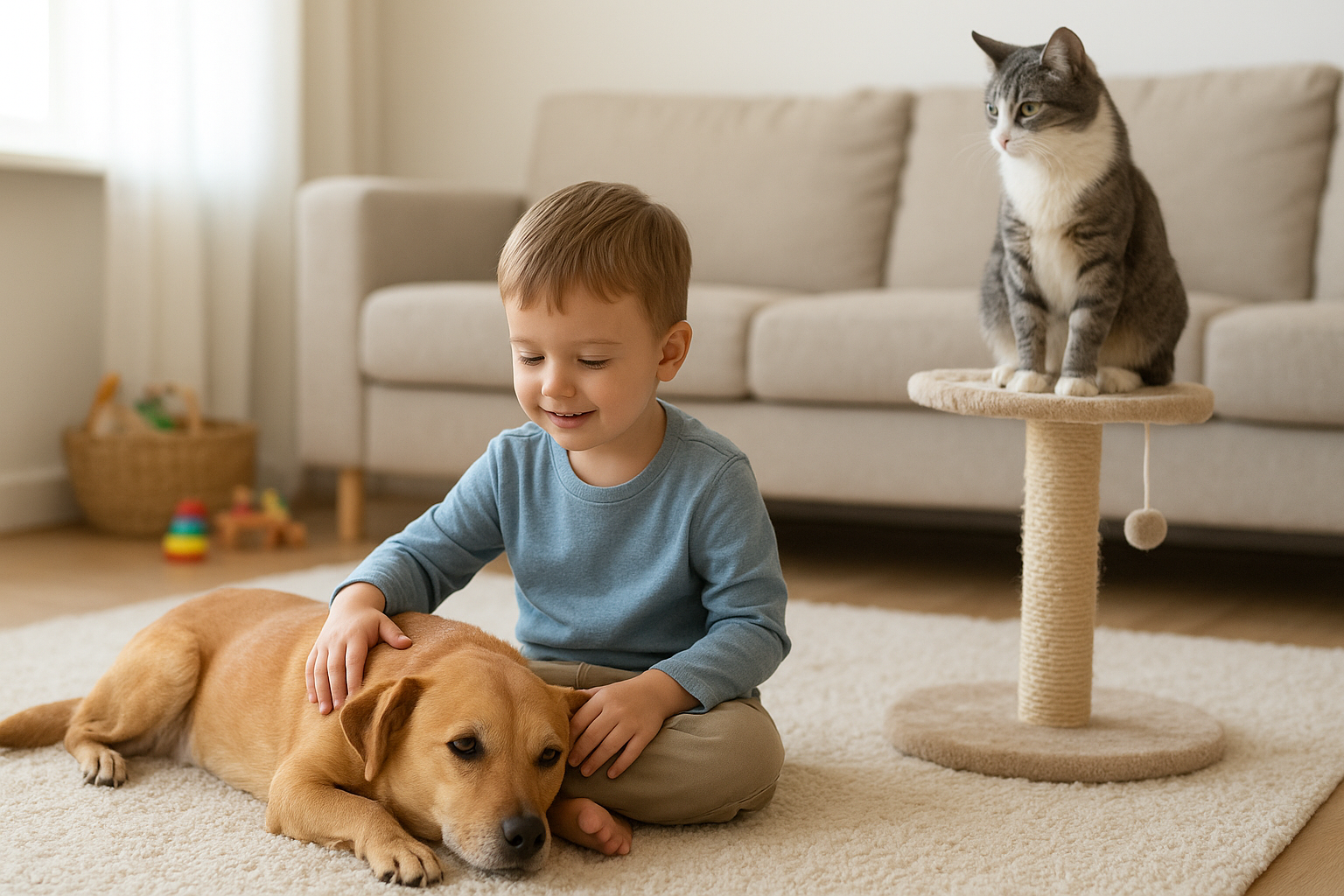 Cani e gatti nelle famiglie con bambini piccoli: regole, giochi sicuri e come leggere i segnali di stress
