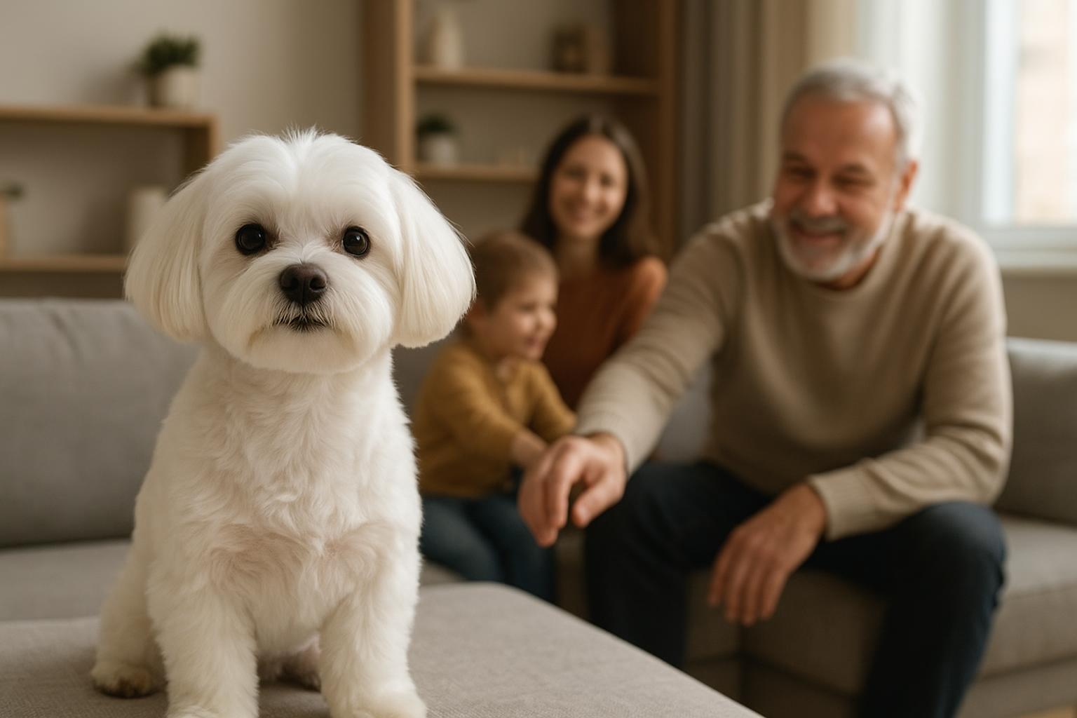 Cane maltese in famiglia: carattere affettuoso, toelettatura del pelo bianco e vita in appartamento