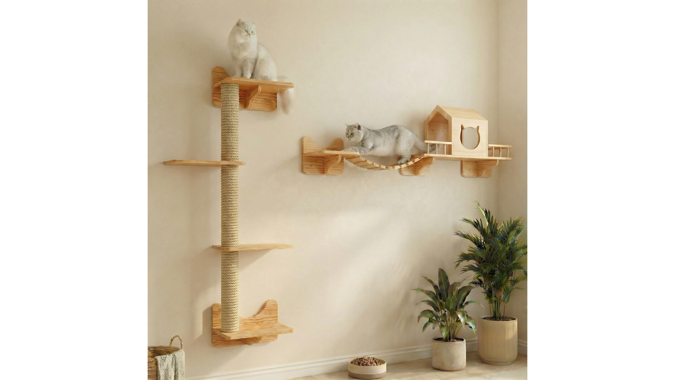 Set da parete per gatti: come usare mensole, casetta e ponte per creare una parete arrampicabile