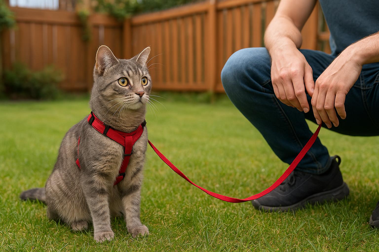 Gatto che esce in giardino al guinzaglio: come insegnargli a usare pettorina e longhina