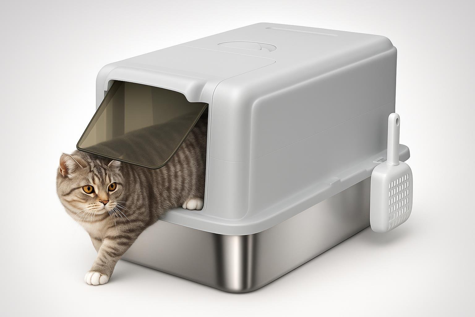 PawHut lettiera chiusa in acciaio inox con paletta e sacchetti filtranti, la toilette per gatti facile da pulire in offerta
