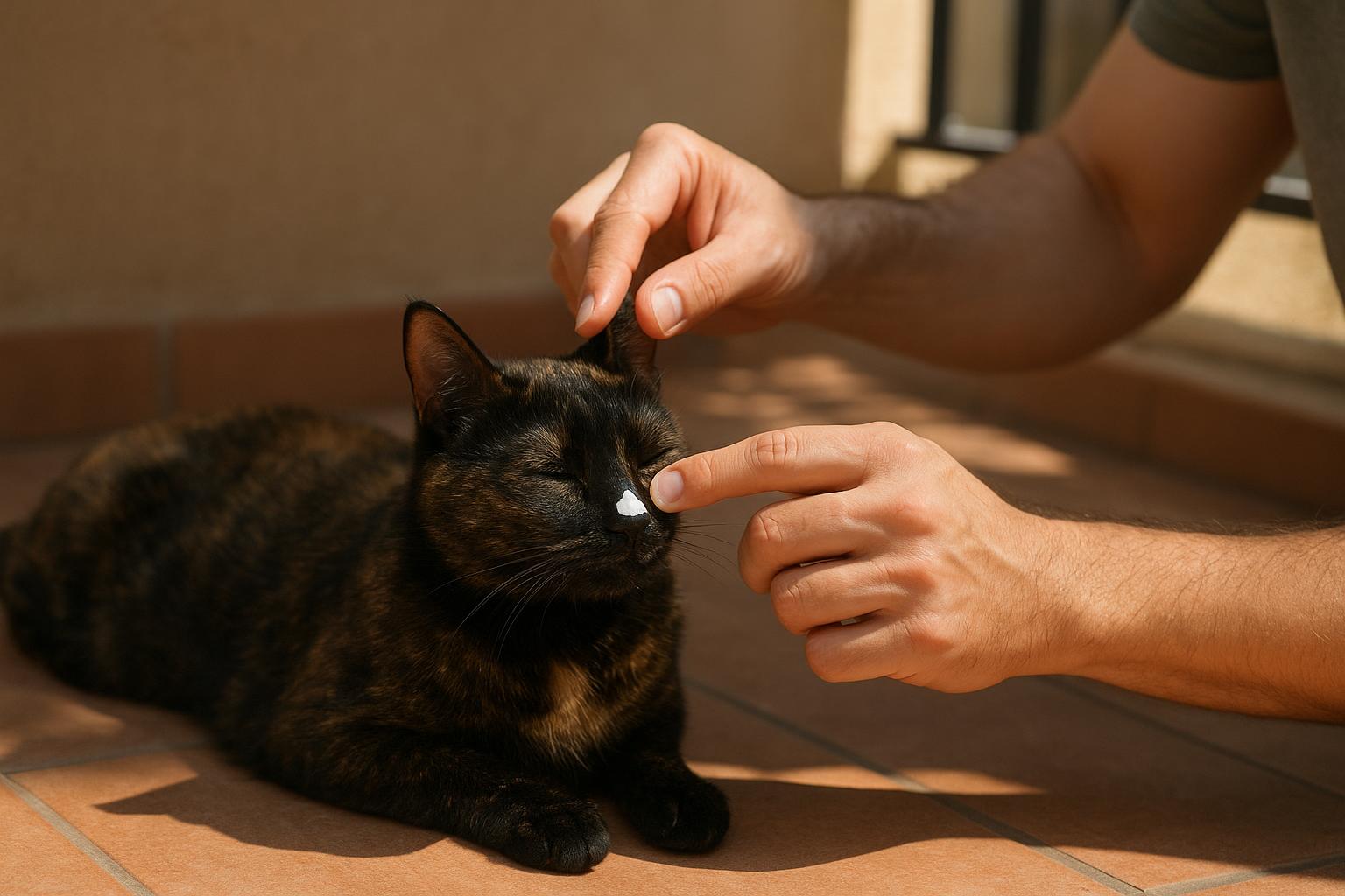Gatto con pelo scuro al sole: come proteggere orecchie e naso in terrazza