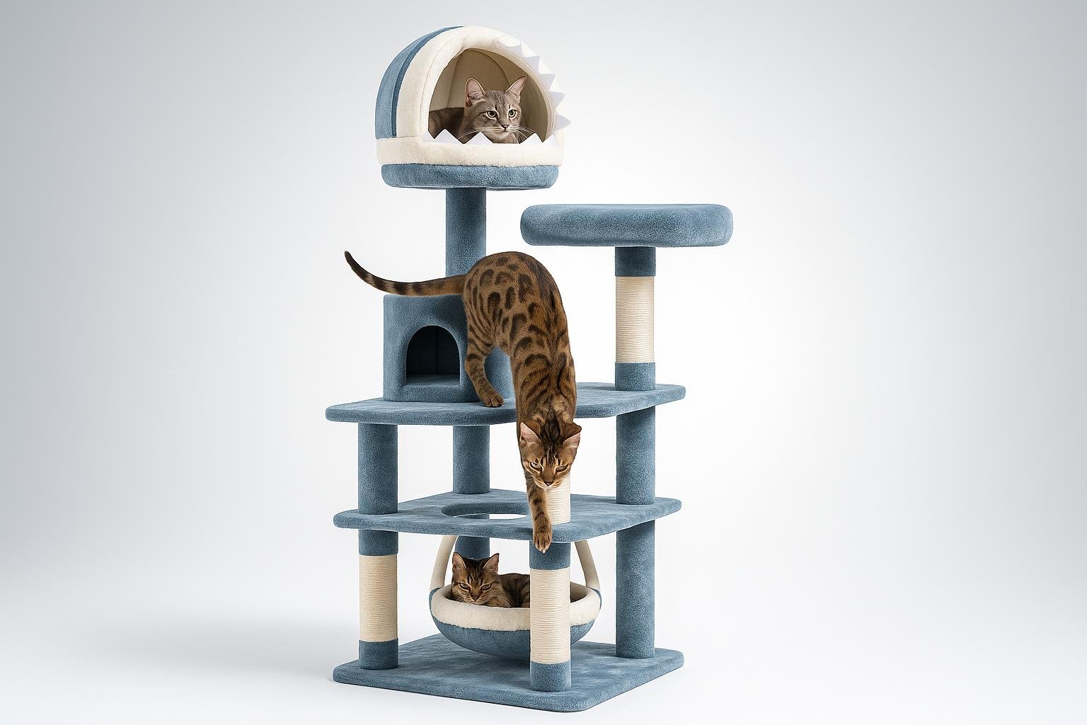 Albero tiragraffi Yaheetech a tema oceano, la cuccia a forma di squalo per gatti creativi in promo su Amazon