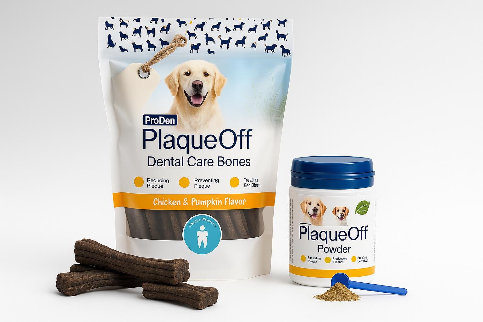 Kit ProDen PlaqueOff per cani medi e grandi: polvere dentale + dental bones in promozione su Amazon